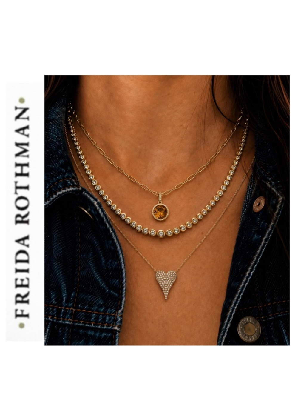 Freida Rothman 3-Piece Layered Necklace Stack/ 925 Sterling Silver CZ Pave Heart